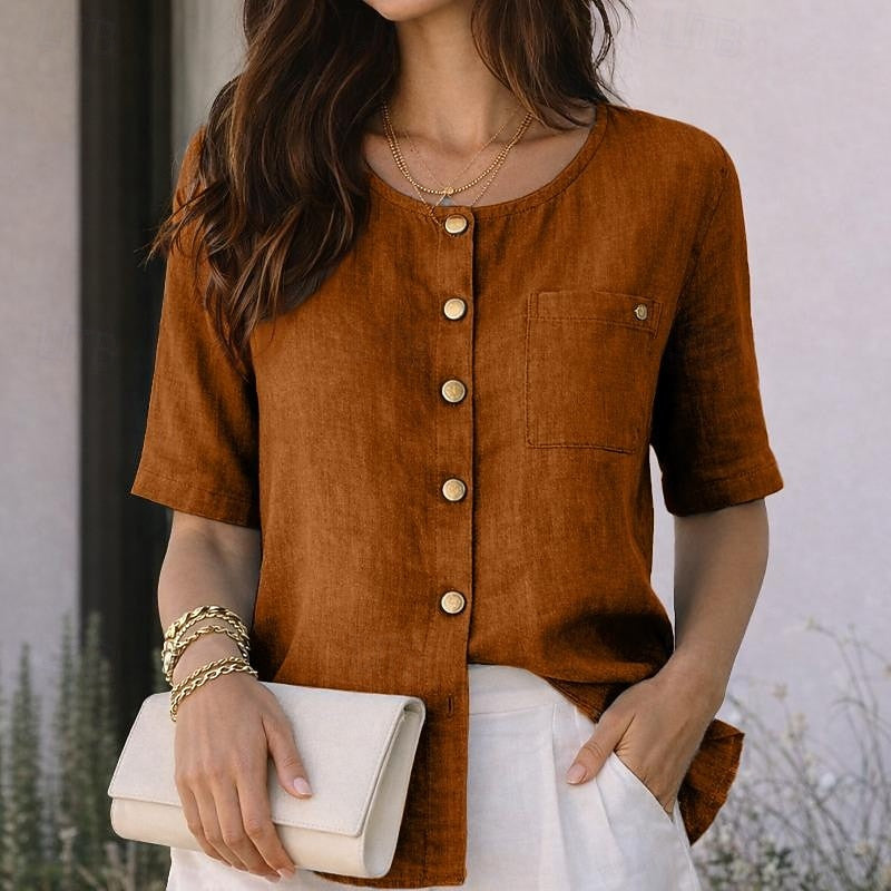 Round Neck Short Sleeve Button Front Blouse 8