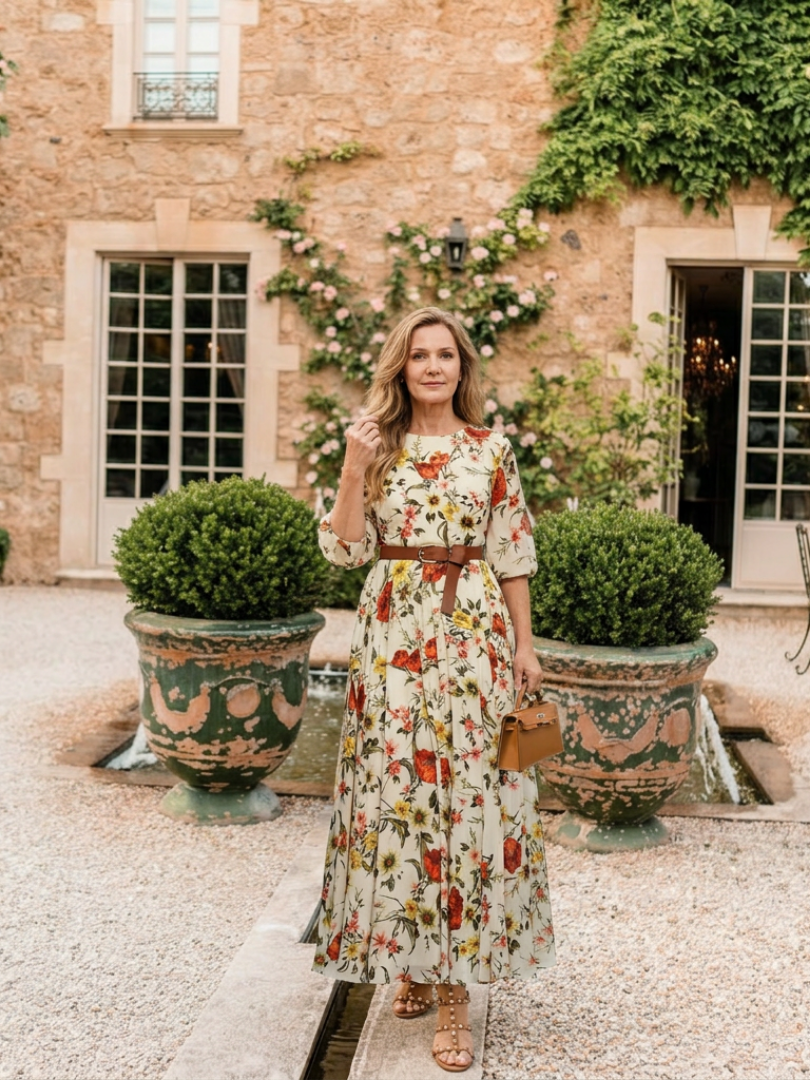 Floral Round Neck Three Quarter Sleeve Belted Maxi Dress 4