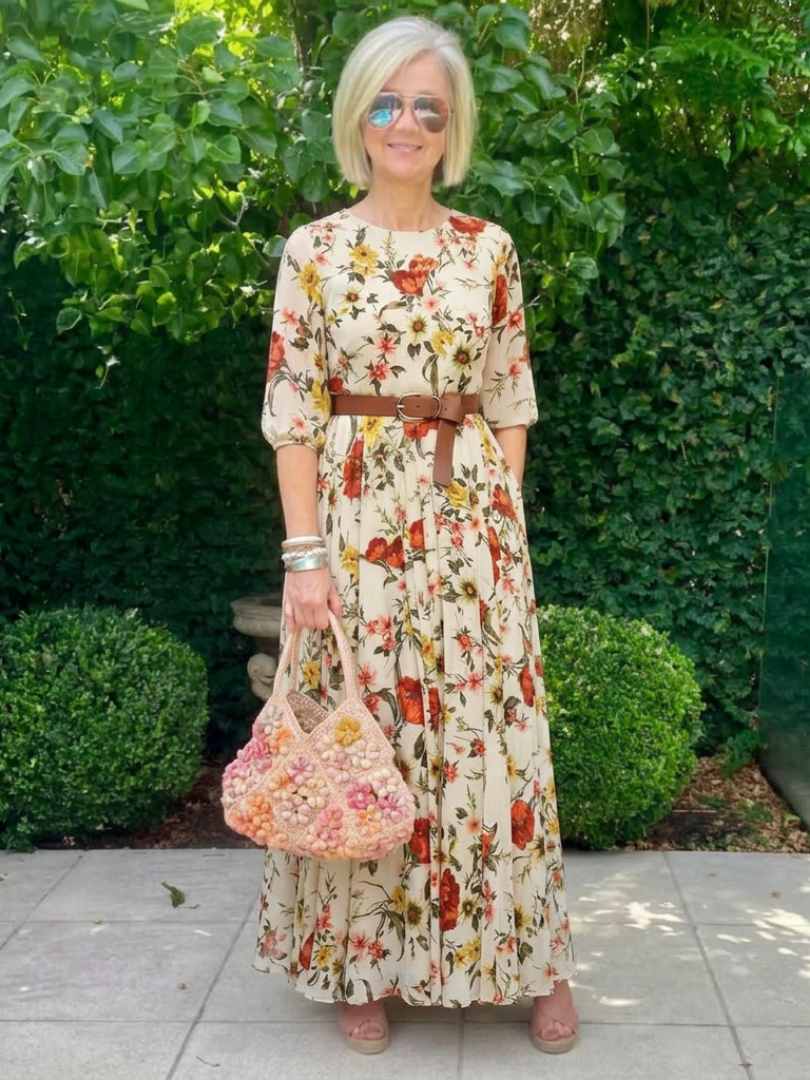 Floral Round Neck Three Quarter Sleeve Belted Maxi Dress 3