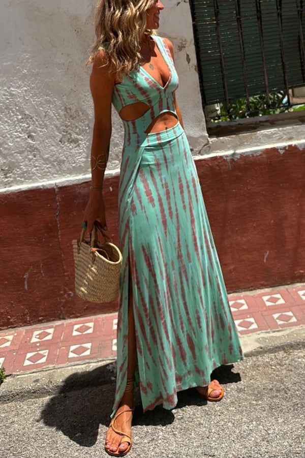Sleeveless Deep V-Neck Cut Out High Split Maxi Dress