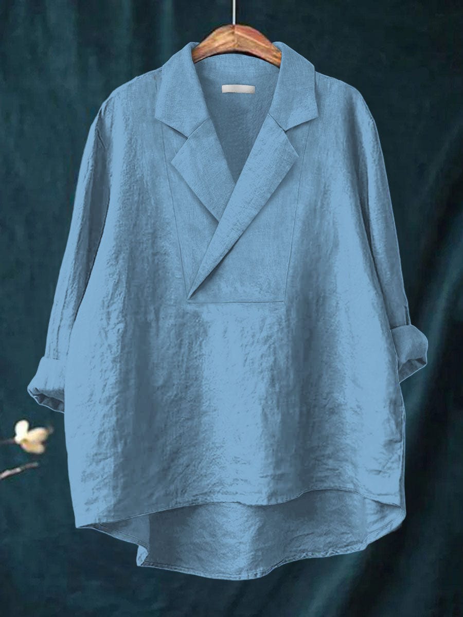 Notch Lapel V-Neck Long Sleeve Linen Look Blouse 7