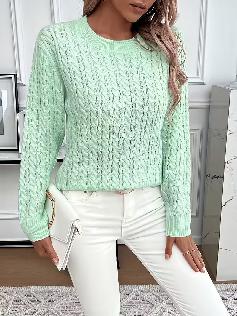 Crew Neck Long Sleeve Pointelle Cable Knit Sweater 5