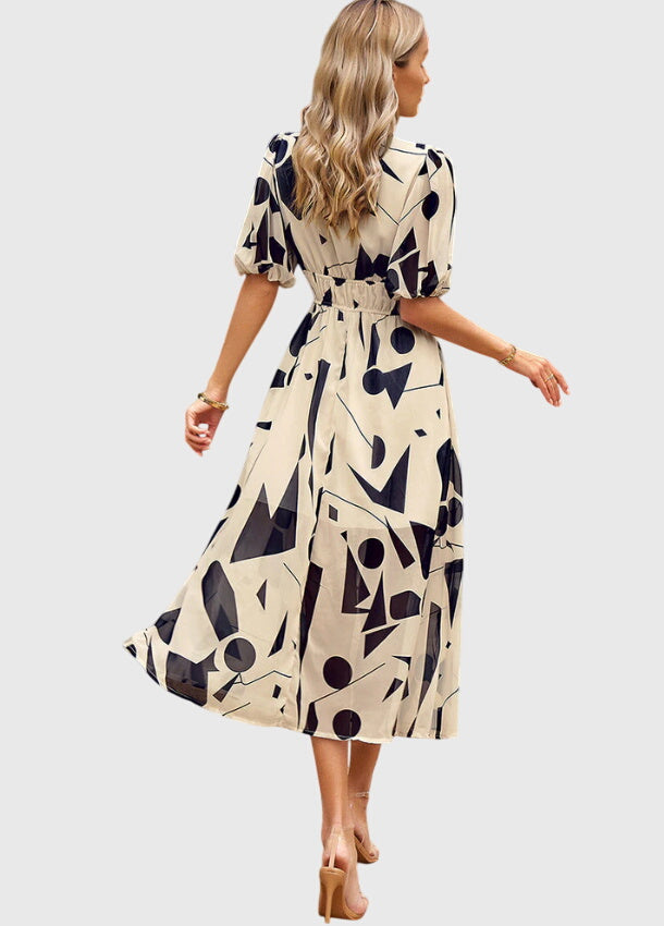 Floral Print Deep V-Neck Puff Sleeve High Waist Maxi Dress 13
