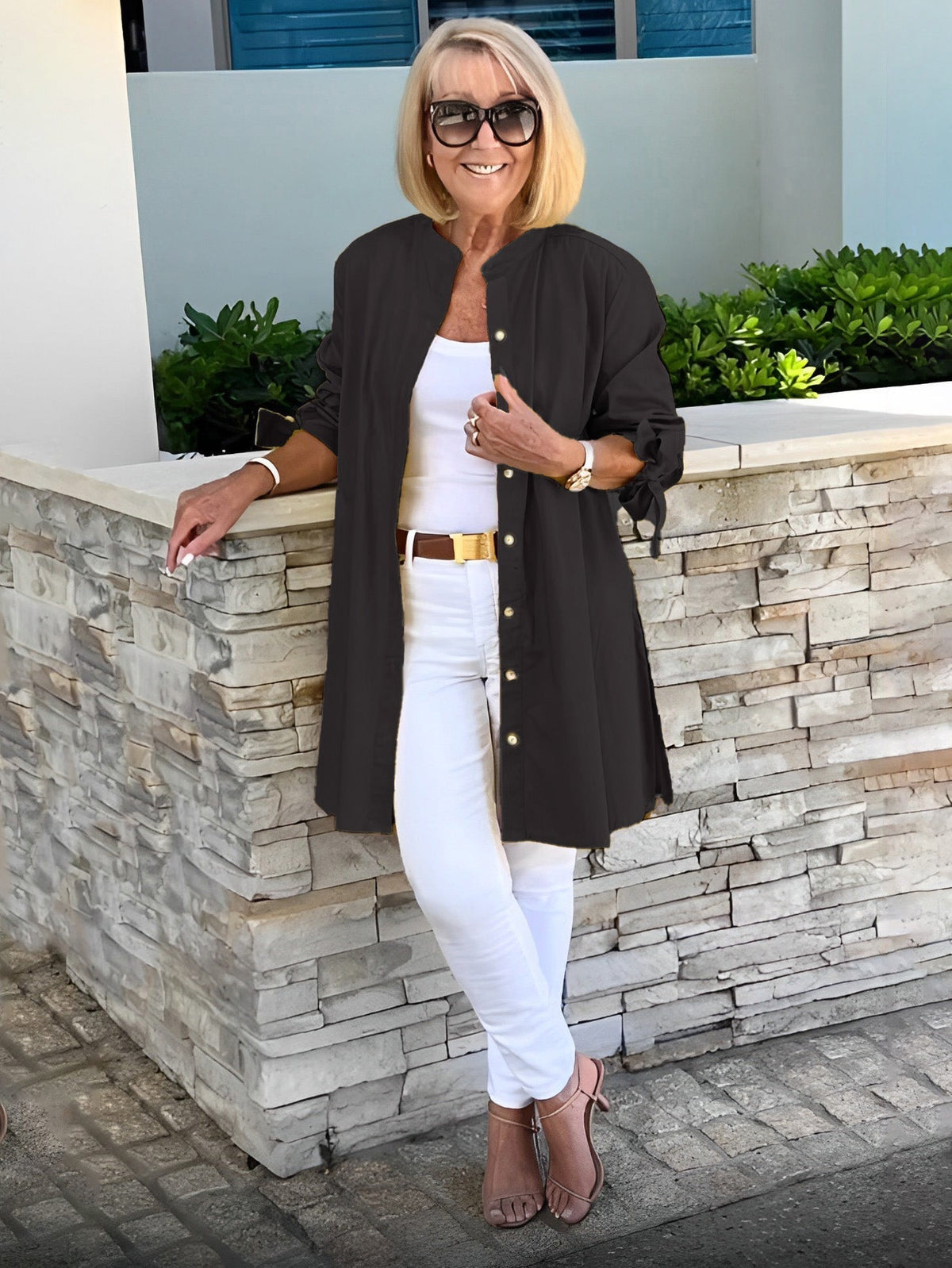 Band Collar Roll Sleeve Button Longline Shirt Jacket 16