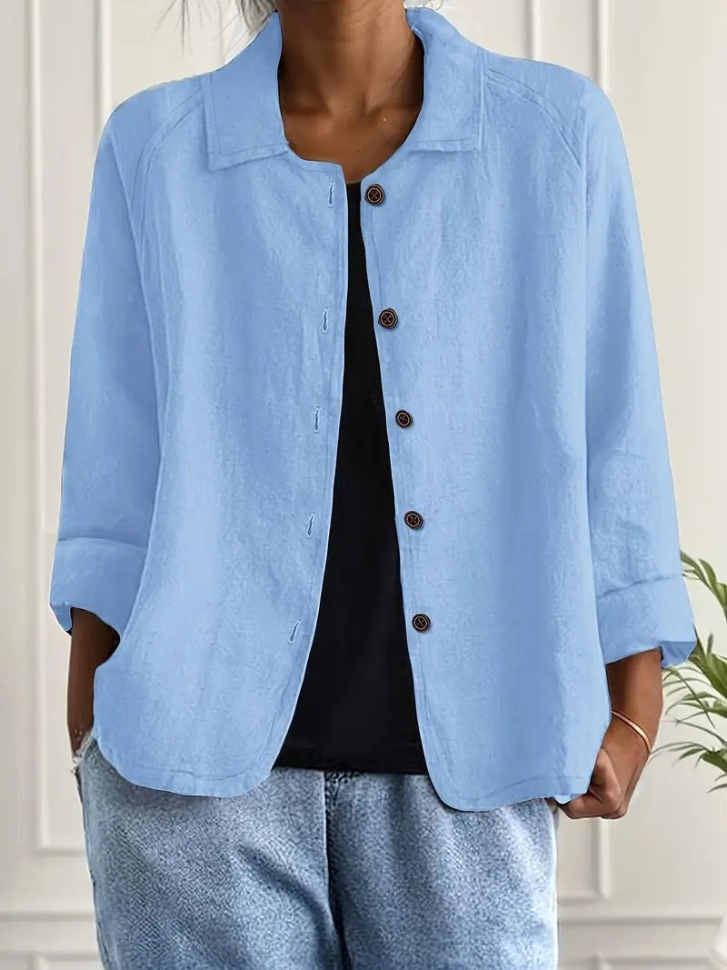 Collared Button Front Long Sleeve Linen Look Shirt