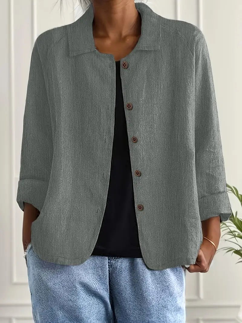 Collared Button Front Long Sleeve Linen Look Shirt 5