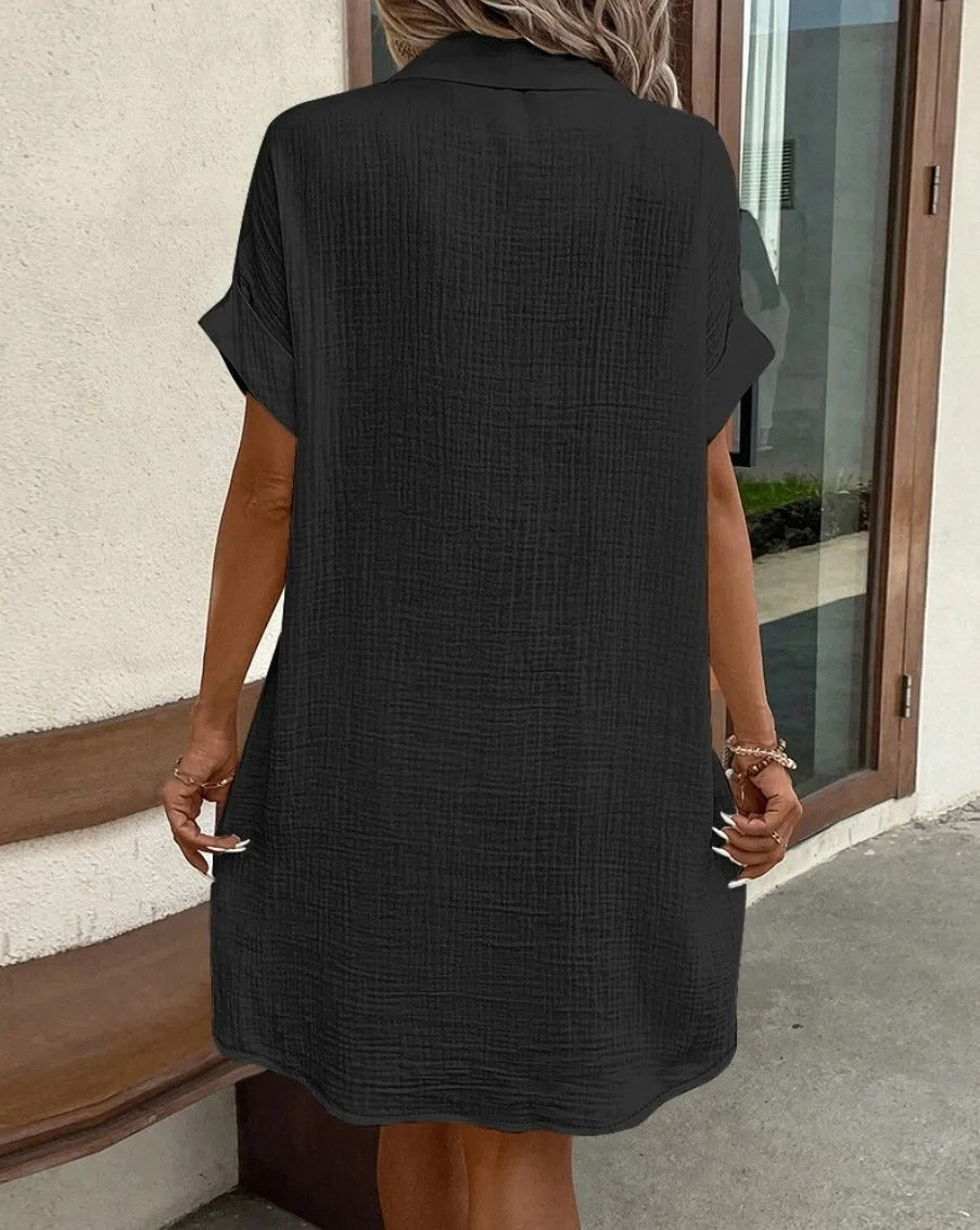 Textured Gauze Button Front Short Sleeve Shirt Dress 10