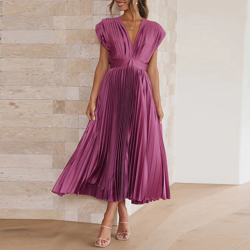 Pleated Deep V-Neck Fit and Flare Midi Dress - View 13