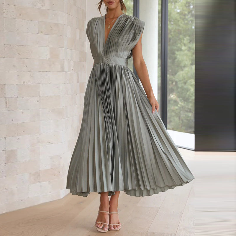 Pleated Deep V-Neck Fit and Flare Midi Dress - View 7