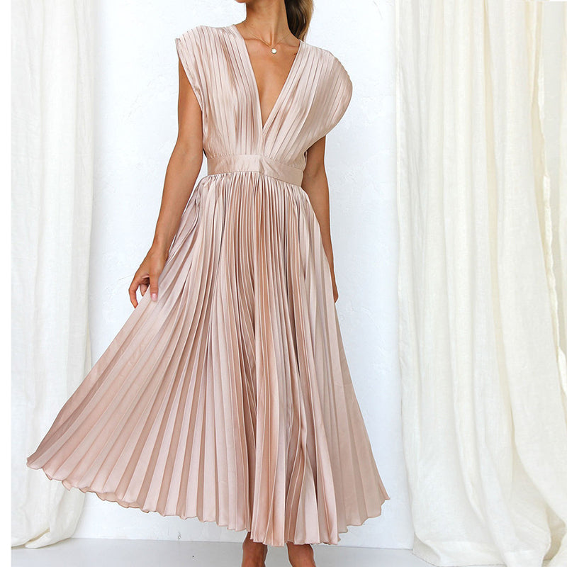 Pleated Deep V-Neck Fit and Flare Midi Dress - View 8