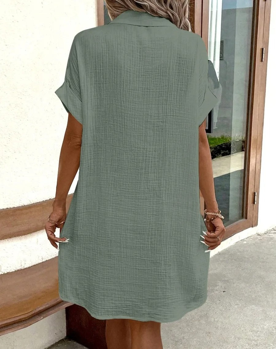 Textured Gauze Button Front Short Sleeve Shirt Dress 28
