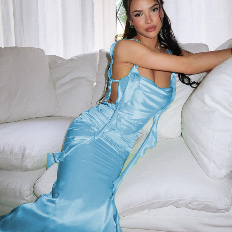 Satin Cowl Neck Backless Ruffle Strap Tie Back Maxi Gown - View 4