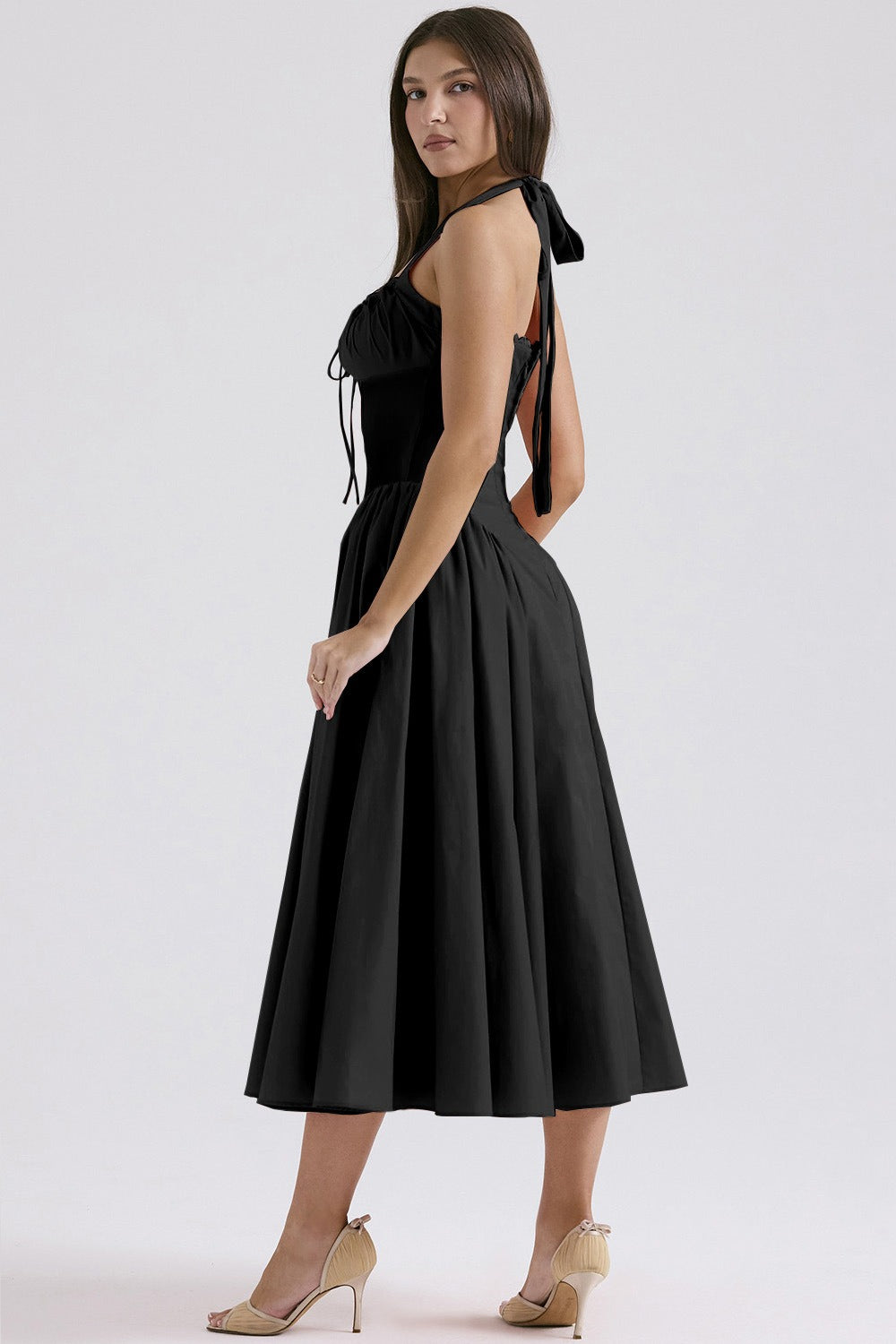 Halter Neck Ruched Corset Fit and Flare Midi Dress - View 18