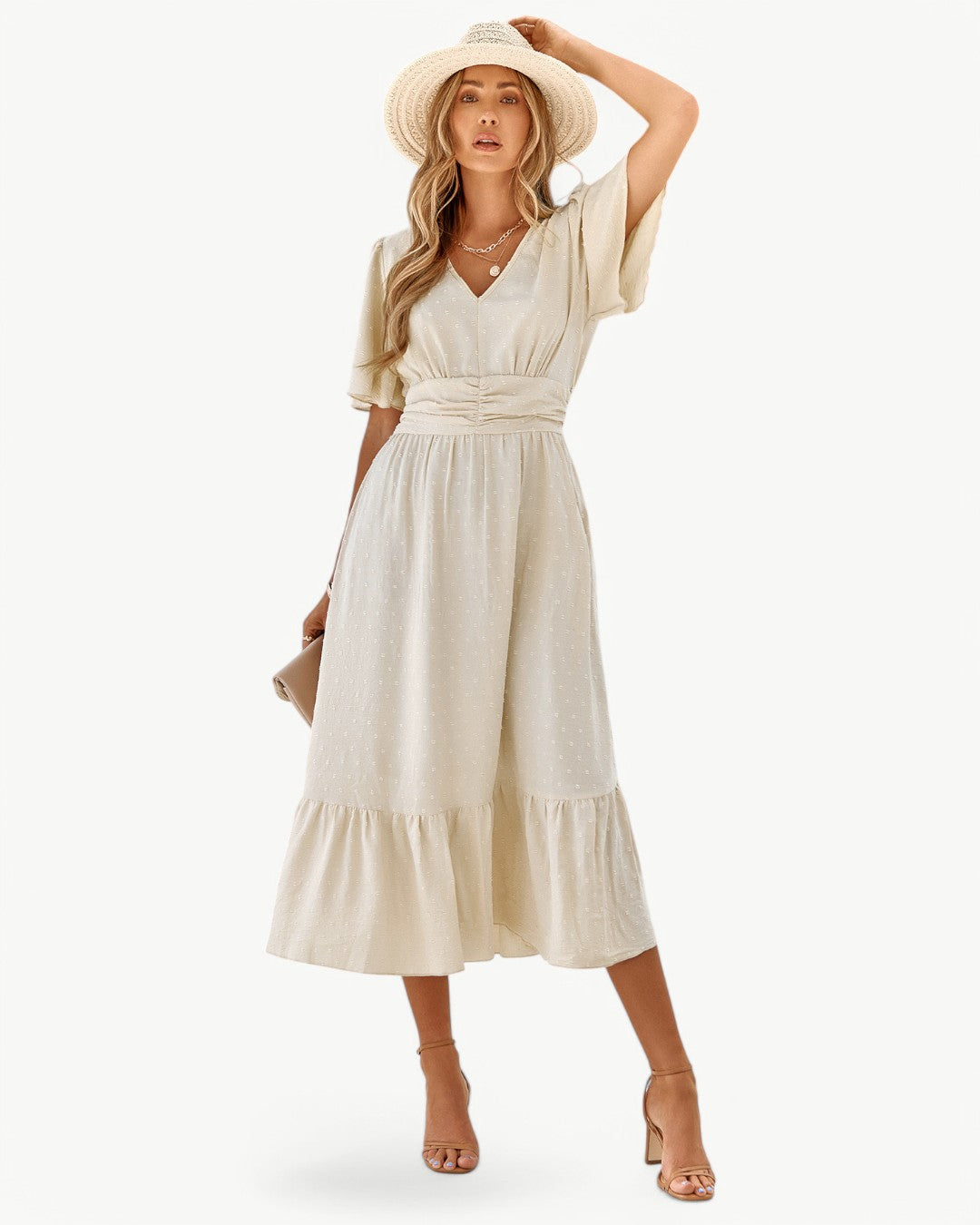 Swiss Dot V-Neck Flutter Sleeve Ruched Waist Tiered Midi Dress 6
