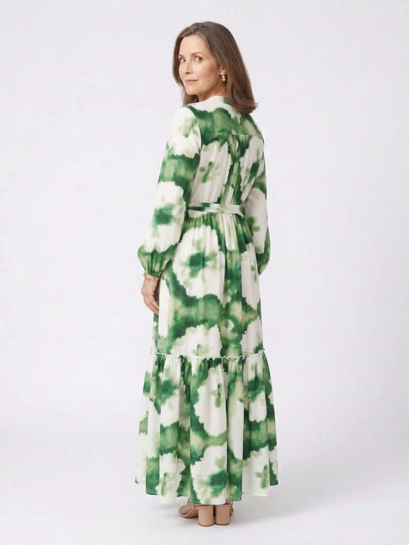 Long Sleeve Tie Waist Tie Dye Tiered Maxi Dress 2