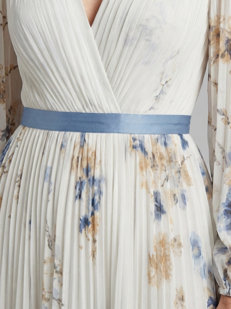 Floral V-Neck Long Sleeve Pleated Belted Maxi Gown 3