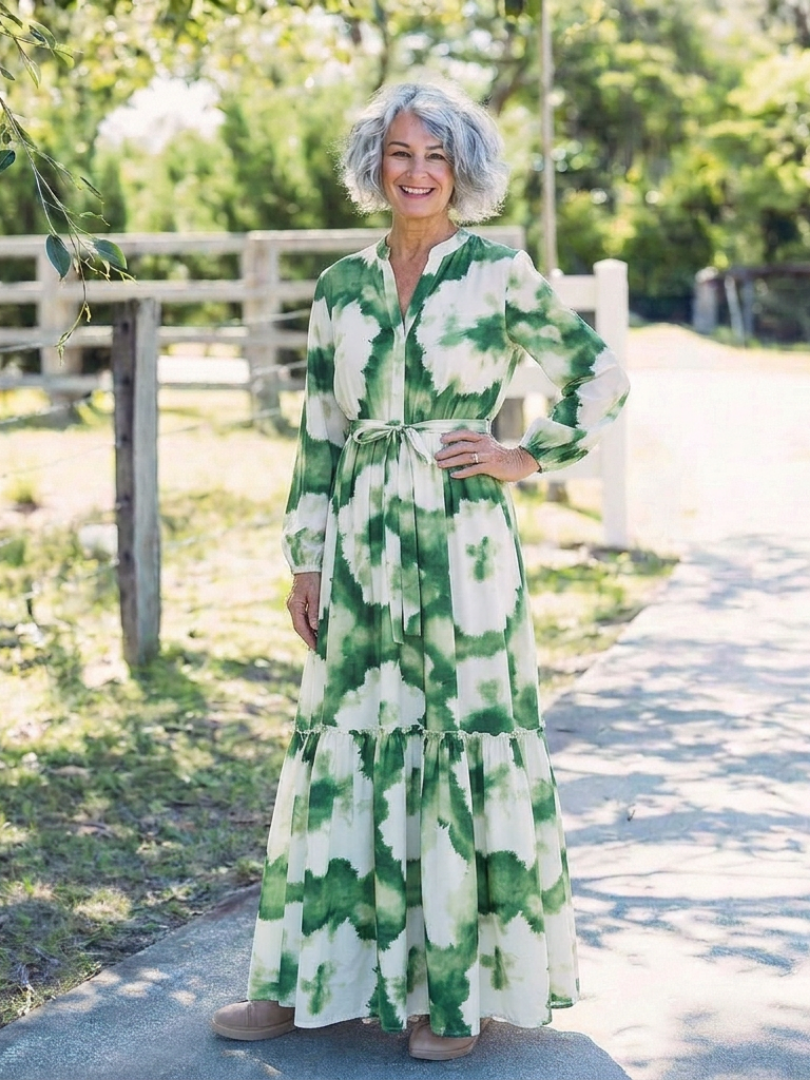 Long Sleeve Tie Waist Tie Dye Tiered Maxi Dress 6