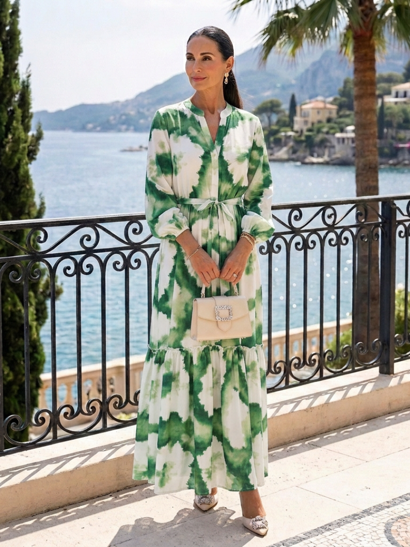 Long Sleeve Tie Waist Tie Dye Tiered Maxi Dress 5