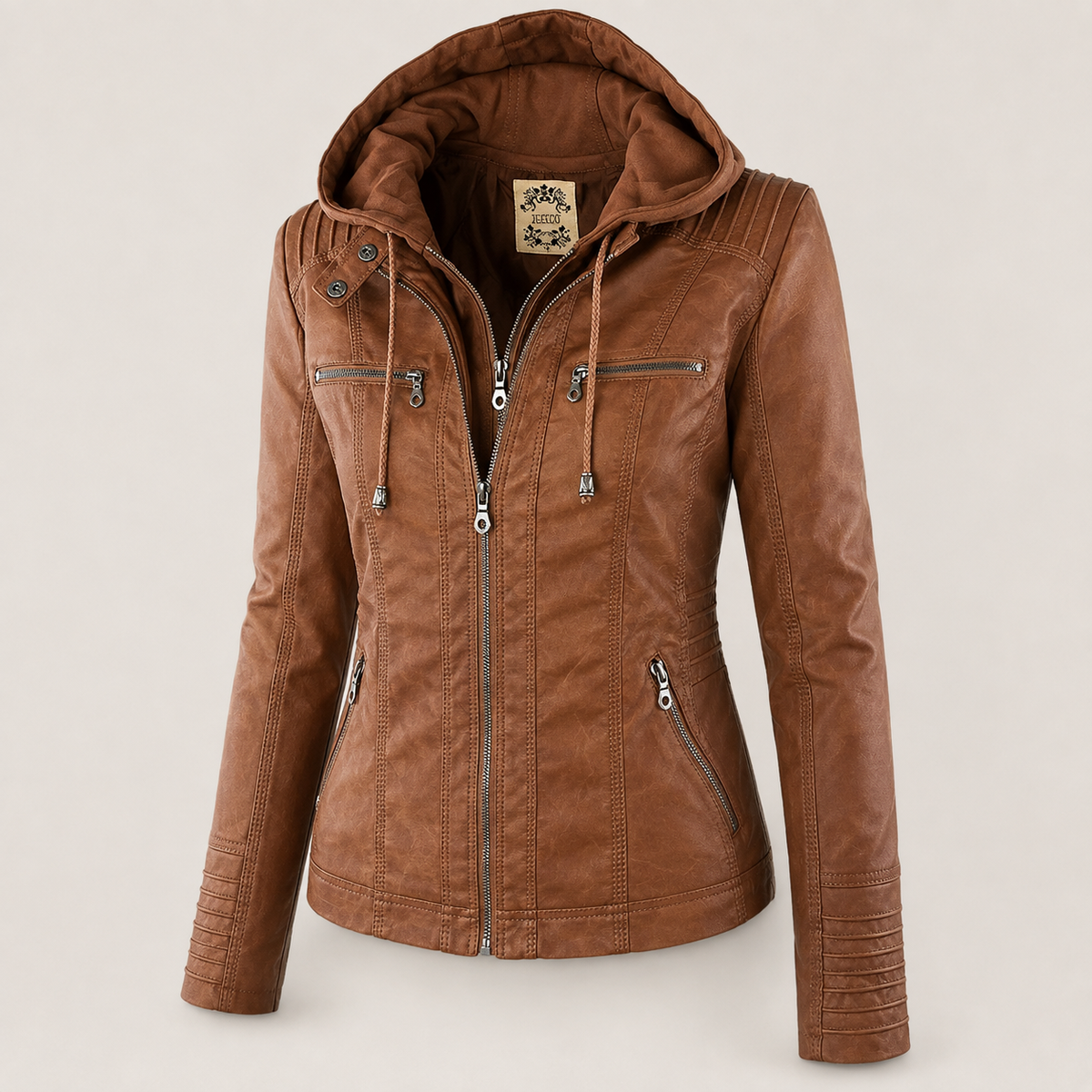 Hooded Zip Front Faux Leather Moto Jacket