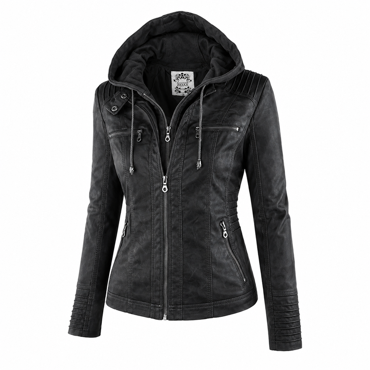 Hooded Zip Front Faux Leather Moto Jacket 2