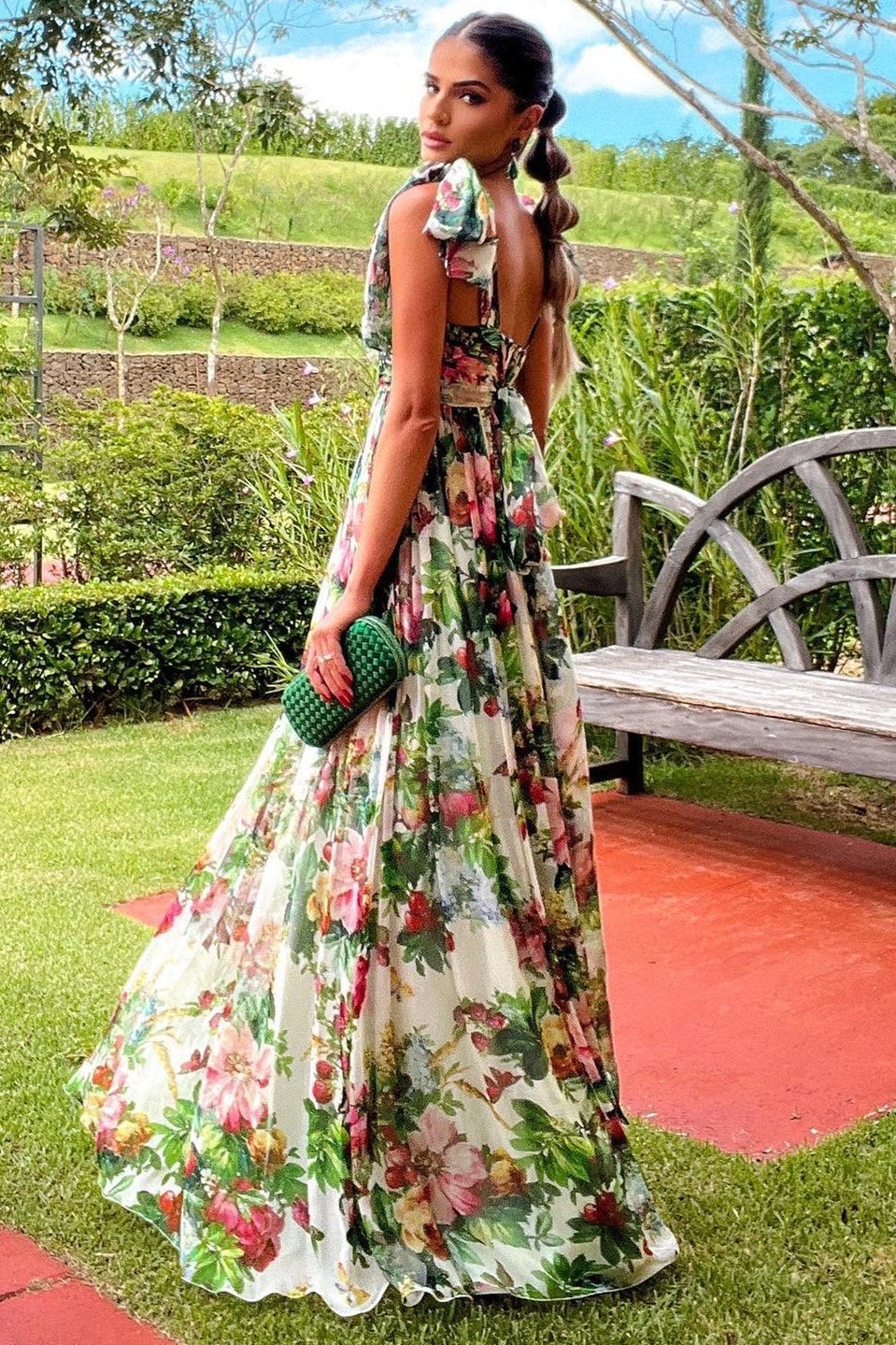 Floral Print Bow Tie Strap Open Back A-Line Maxi Gown