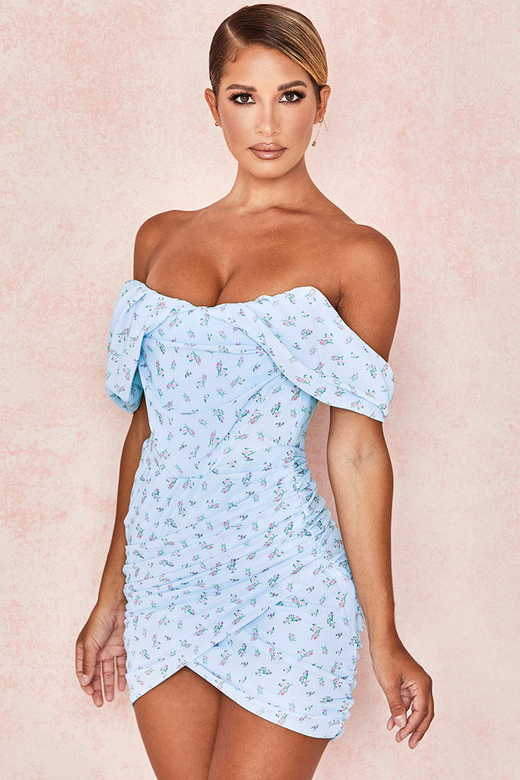 Floral Off Shoulder Ruched Wrap Bodycon Mini Dress - View 2