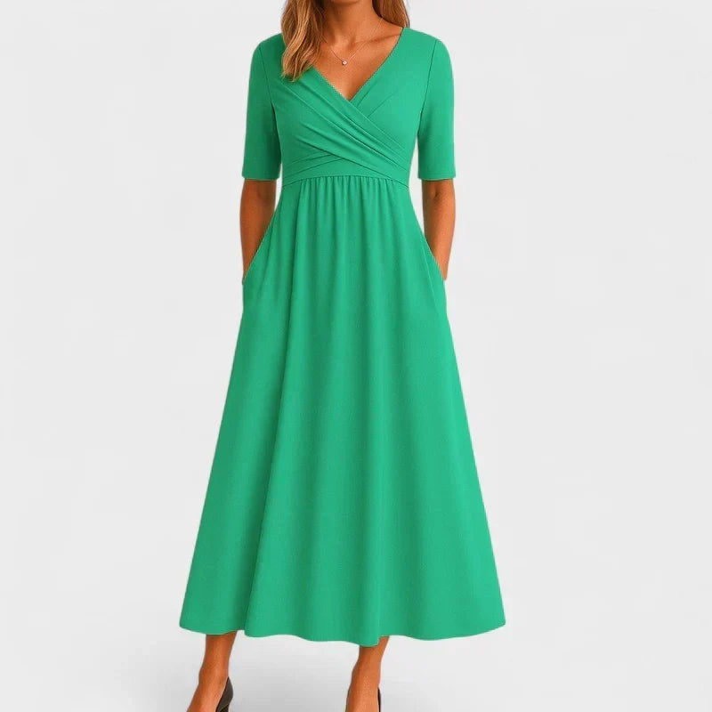 V-Neck Short Sleeve Wrap Fit and Flare Midi Dress 8