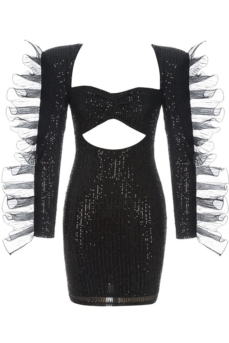 Square Neck Ruffle Long Sleeve Cut Out Sequin Bodycon Mini Dress - View 3
