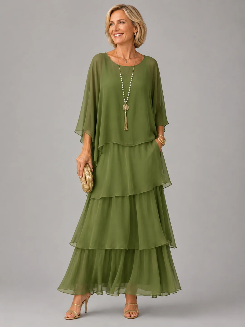 Round Neck Flutter Sleeve Tiered Chiffon Maxi Dress 14