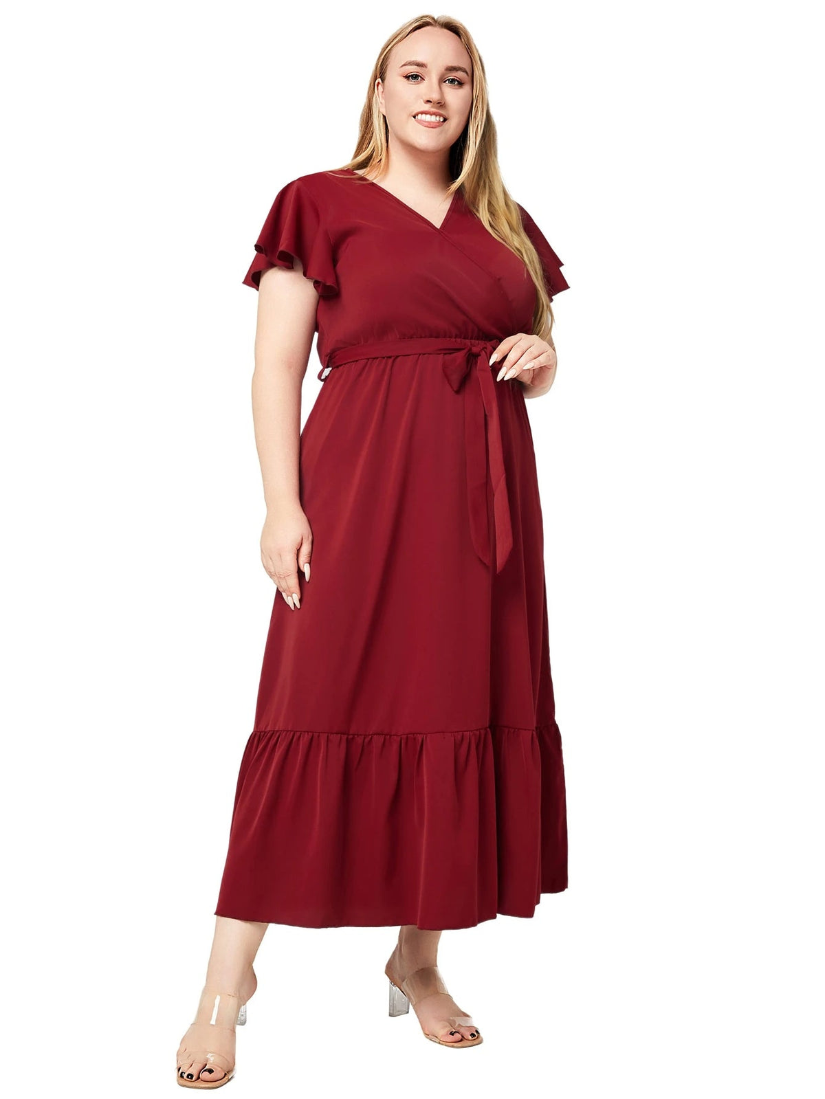 V-Neck Wrap Flutter Sleeve Belted Tie Waist Ruffle Hem Maxi Dress - View 2