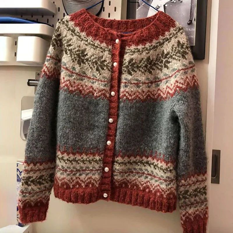 Fair Isle Pearl Button Knit Cardigan
