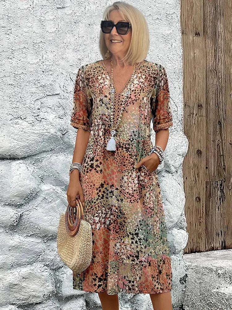 Animal Print V-Neck Short Sleeve Pocket Tiered Midi Dress 6