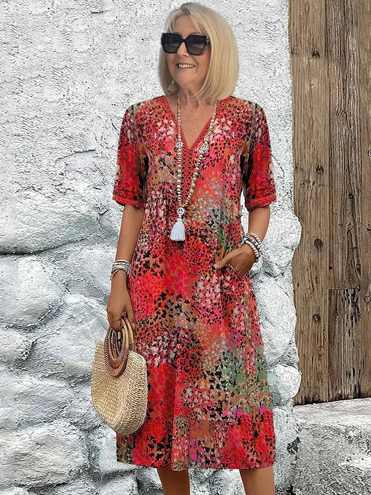 Animal Print V-Neck Half Sleeve Tiered Midi Dress 2