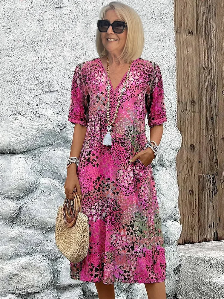 Animal Print V-Neck Half Sleeve Tiered Midi Dress 4