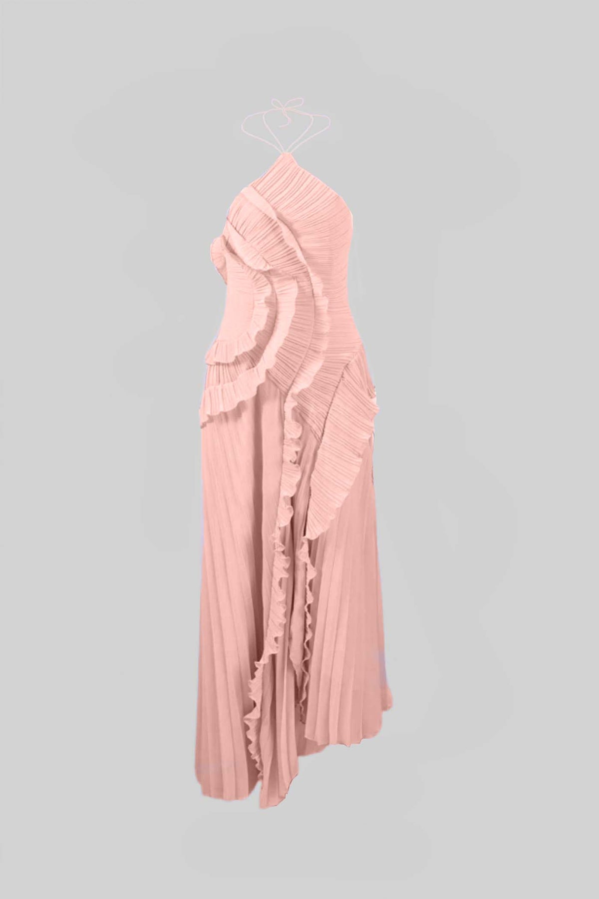 Pleated Halter Midi Dress With Cascading Ruffle Details - Pink - View 3