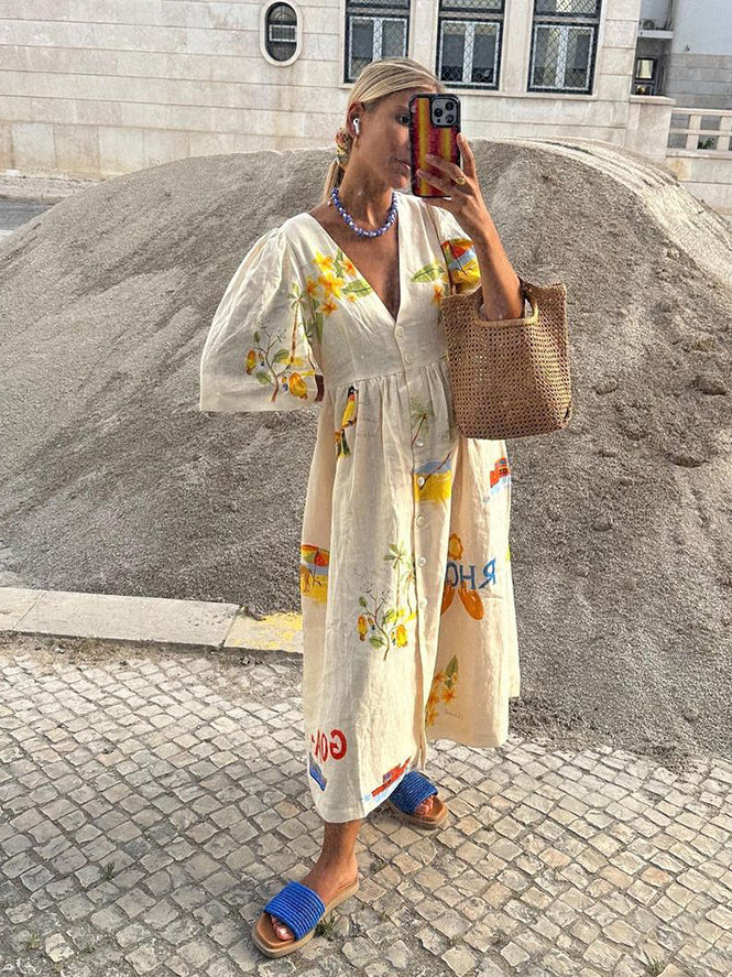 Puff Sleeve Deep V-Neck Button Front Tropical Print Midi Summer Dress - View 3