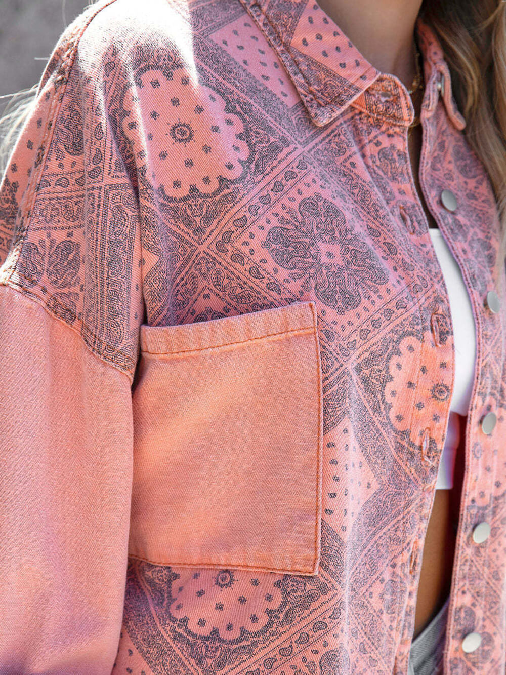 Bandana Print Frayed Hem Oversized Denim Jacket 3