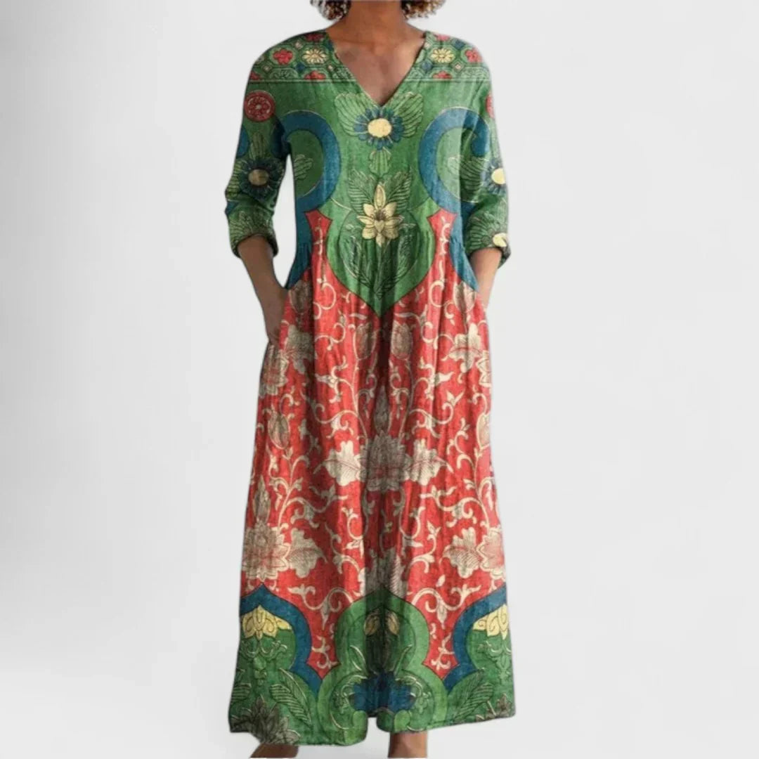 Floral Print V-Neck Three Quarter Sleeve Pocket Maxi Dress