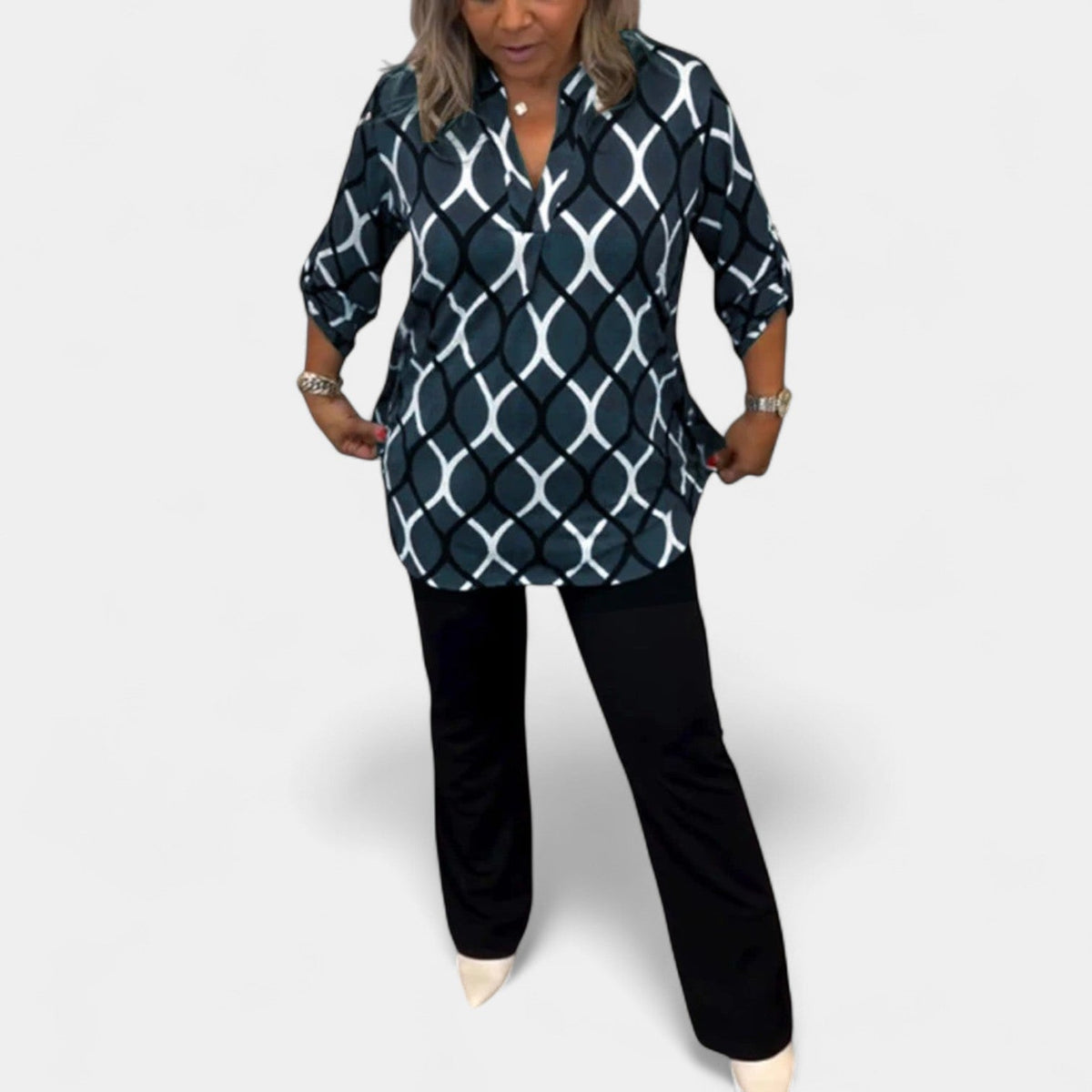 Geometric Print Collared Long Sleeve Blouse 4