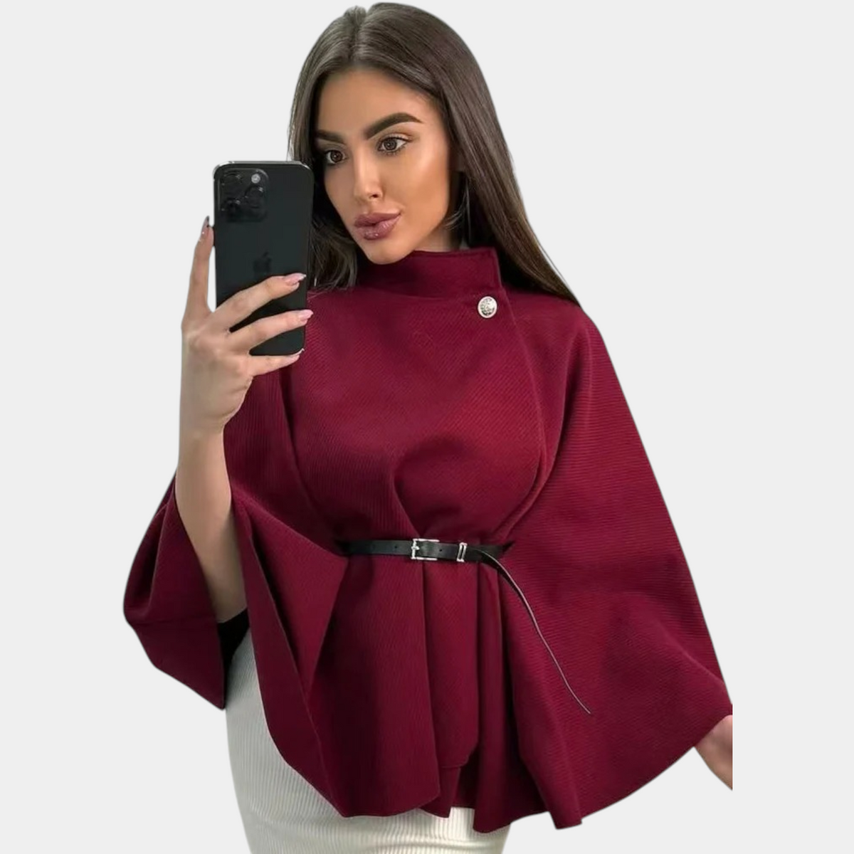 Cape Sleeve High Neck Belted Poncho Cape 8
