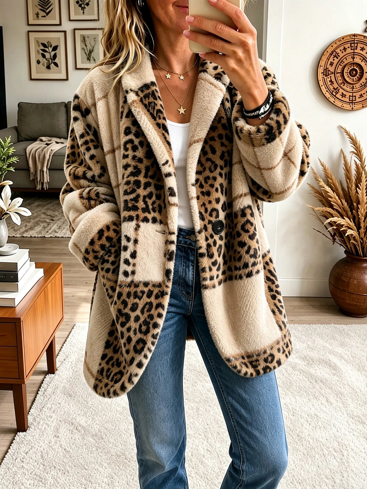 Plaid Notch Lapel Single Button Fleece Coat 9