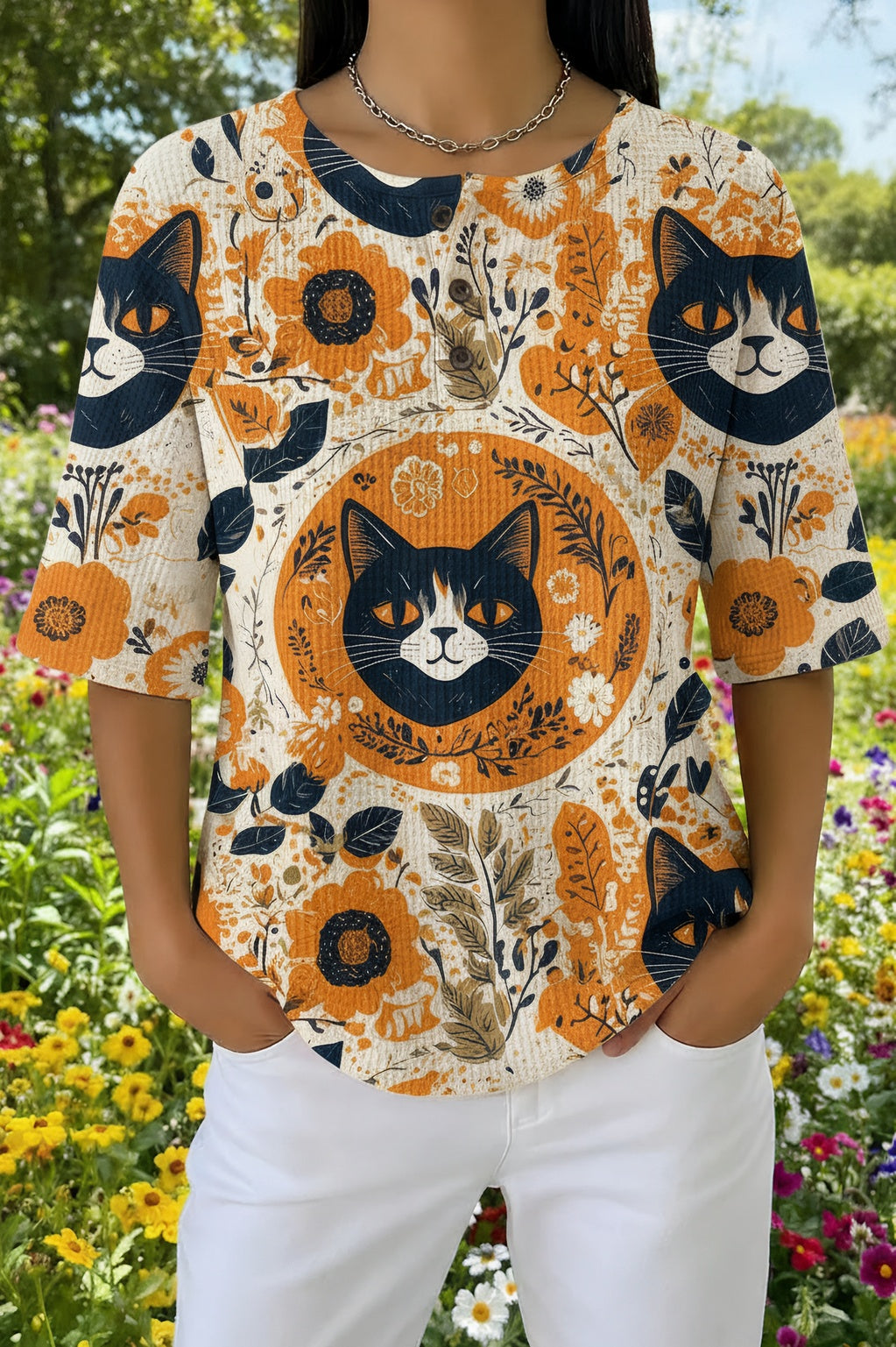 Sunflower and Cat Print Short Sleeve Waffle Knit Top