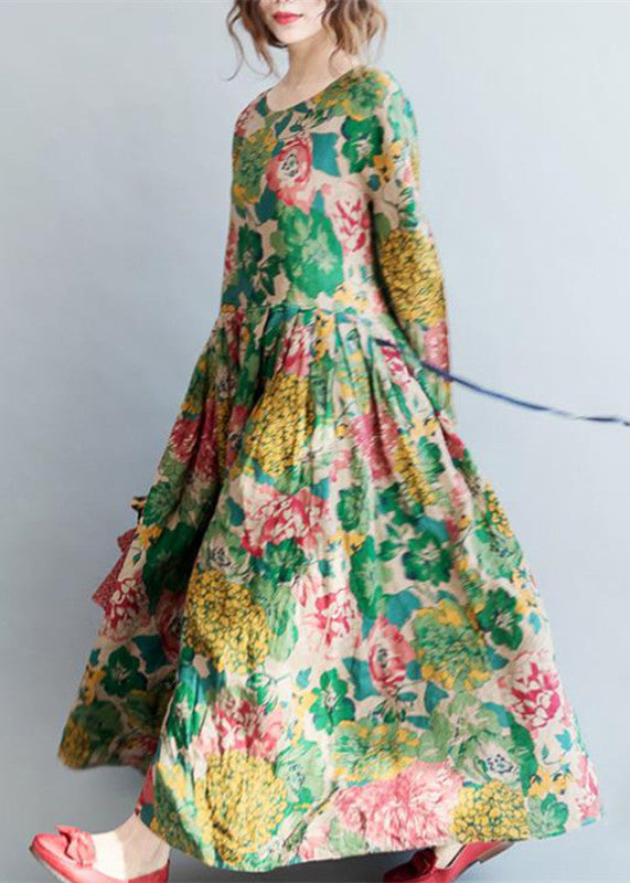 Tropical Print Long Sleeve Crew Neck Flowy Maxi Dress - View 4