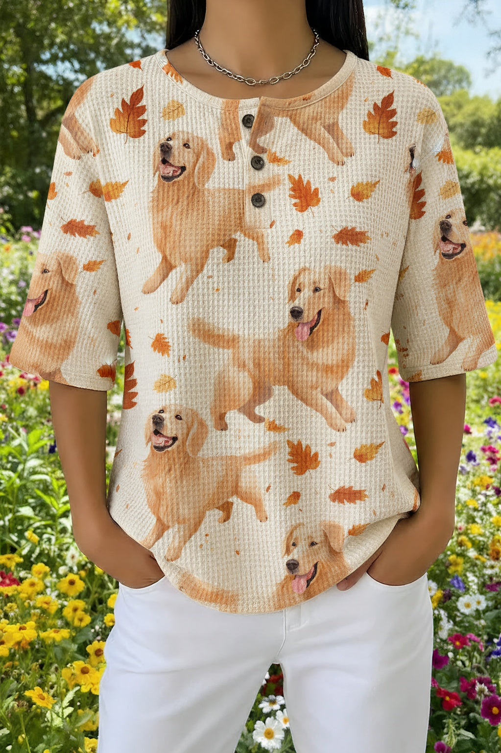 Dog and Autumn Leaf Print Henley Neck Short Sleeve Waffle Top
