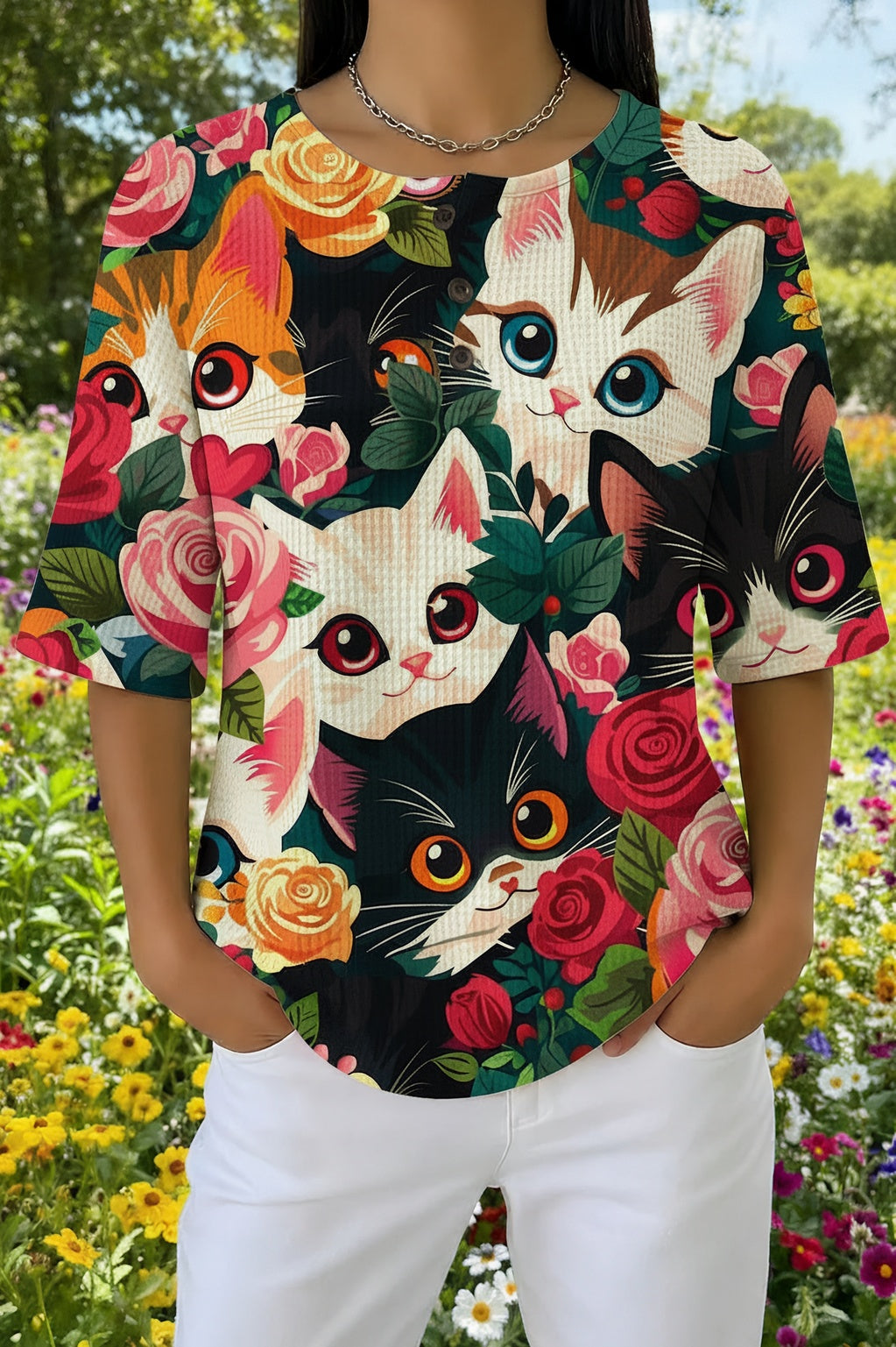 Cat and Rose Floral Print Henley Waffle Top
