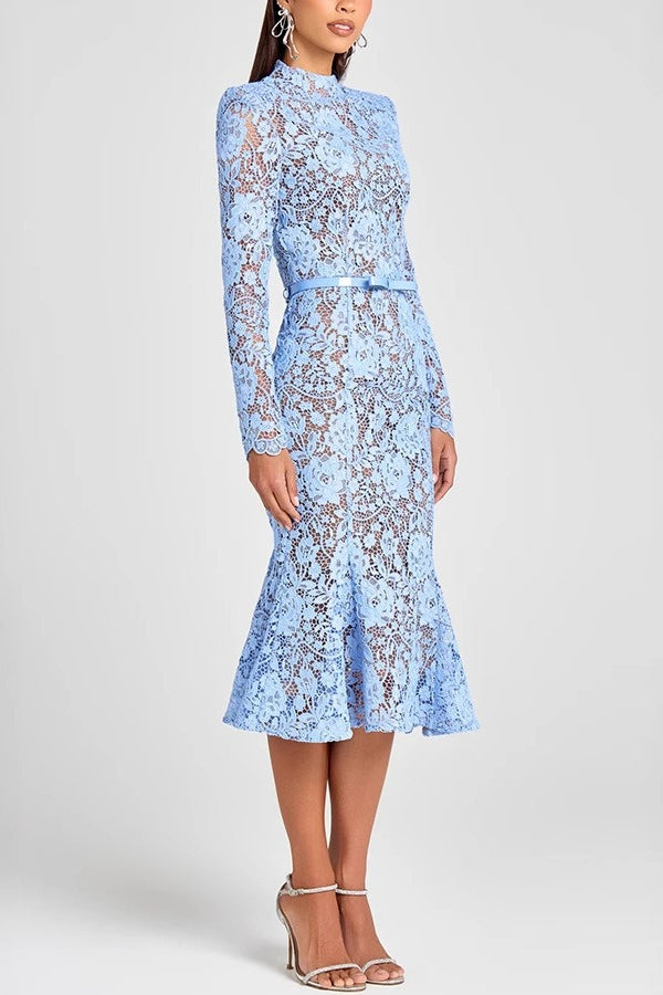 Sheer Hollow Out Belted Mermaid Lace Dress - View 4