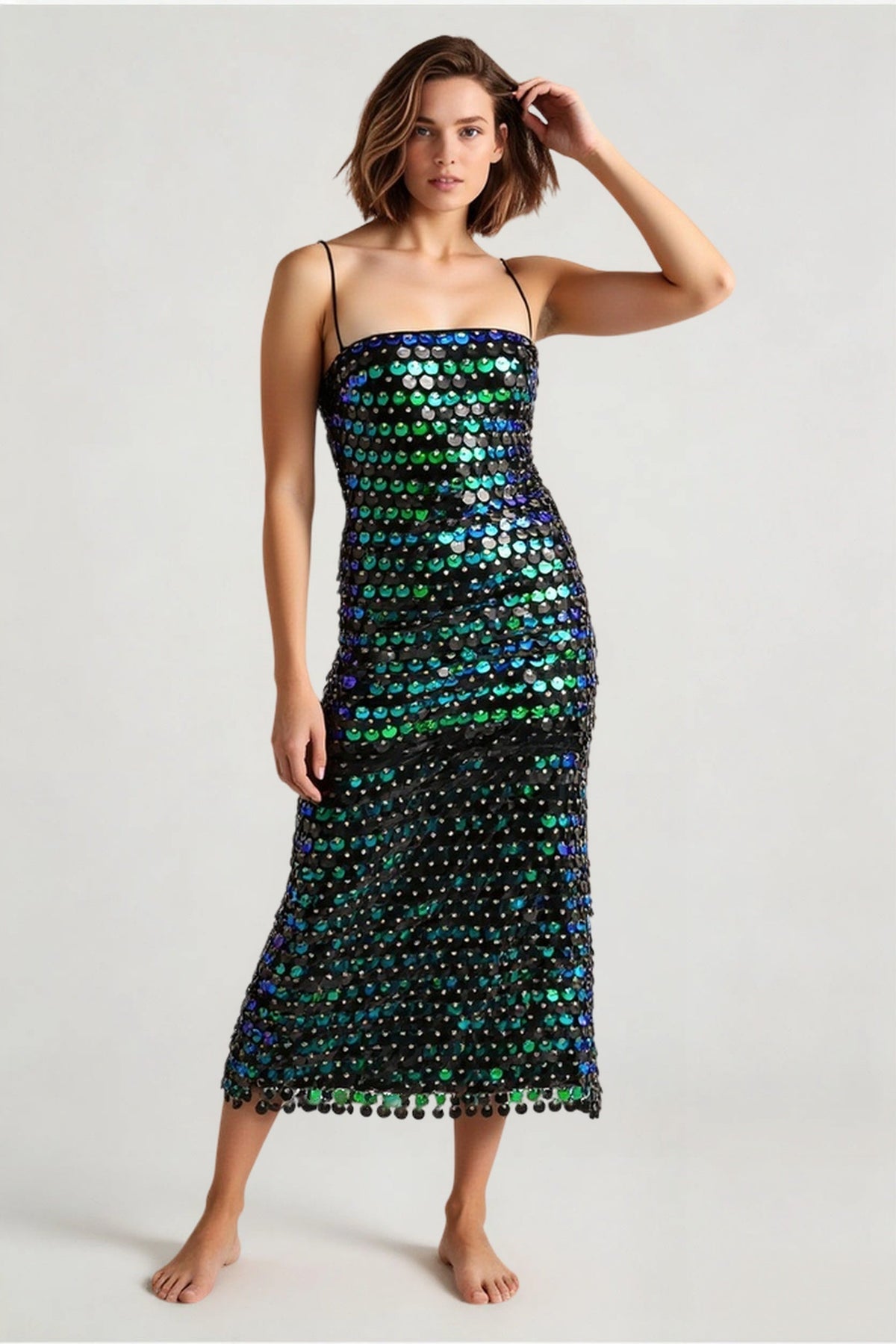 Sequin Striped Spaghetti Strap Square Neck Bodycon Midi Dress - View 9