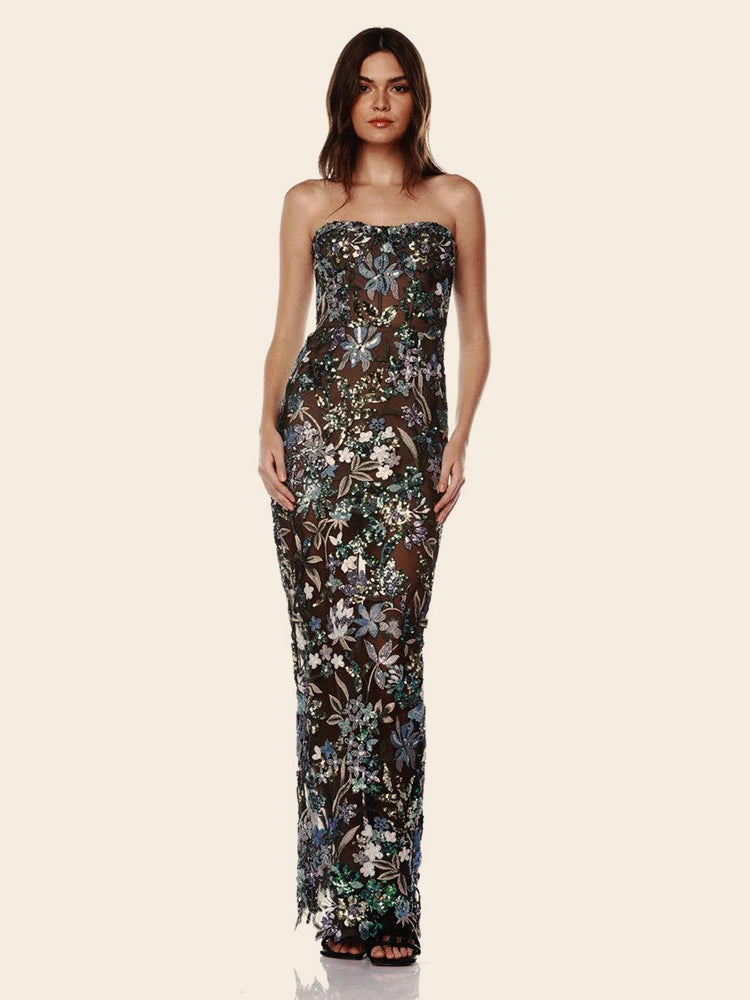 Floral Sequin Embroidered Strapless Mesh Bodycon Maxi Gown - View 2