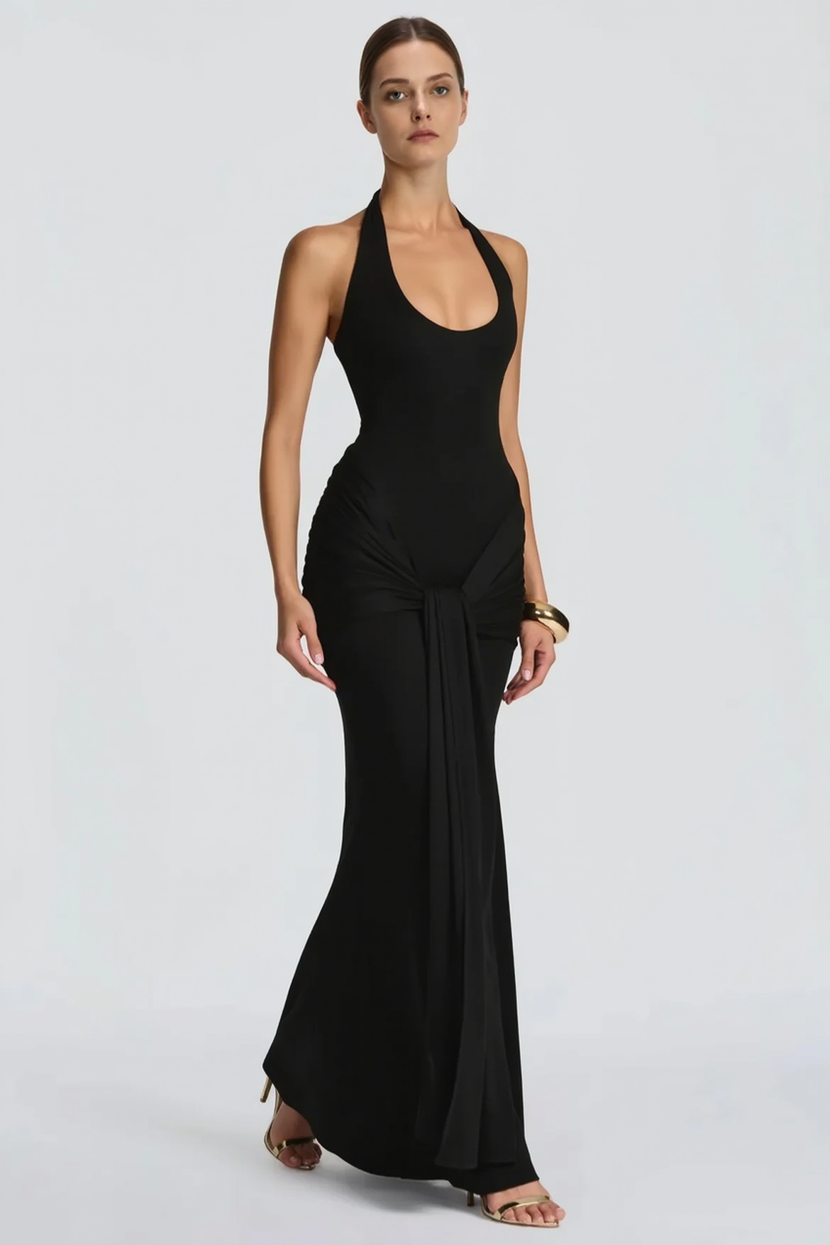 Halter Neck Backless Draped Bodycon Maxi Dress - View 7