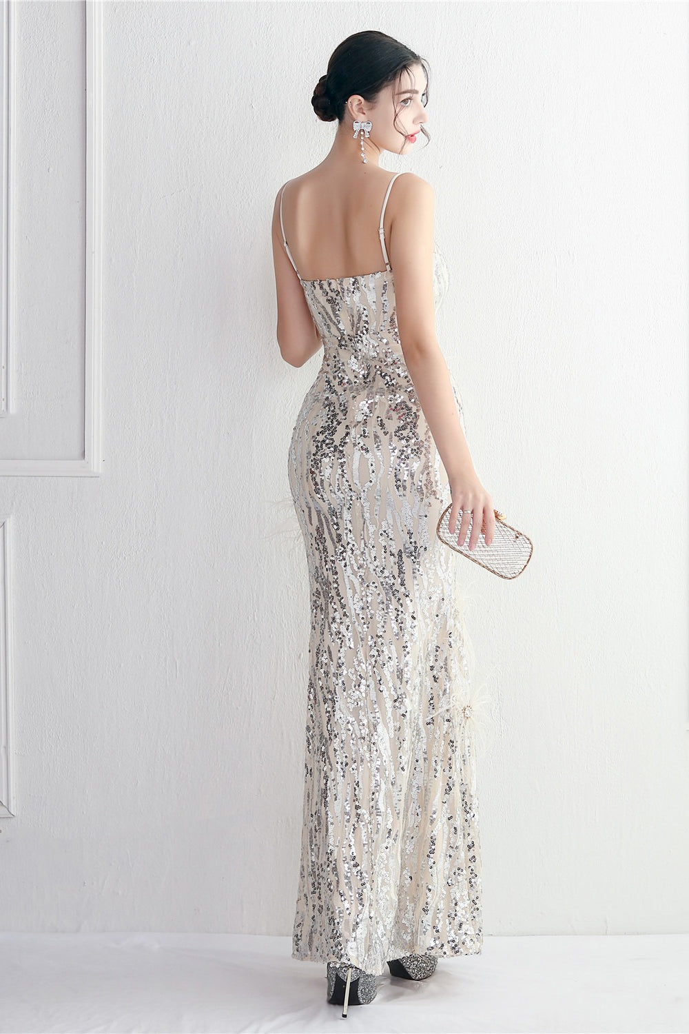 Sequin Deep V-Neck Spaghetti Strap Feather High Split Gown - View 18